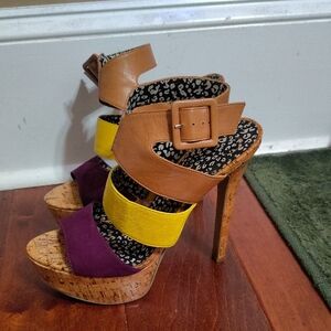 Jessica Simpson Purple Yellow Heels with Cork Platform